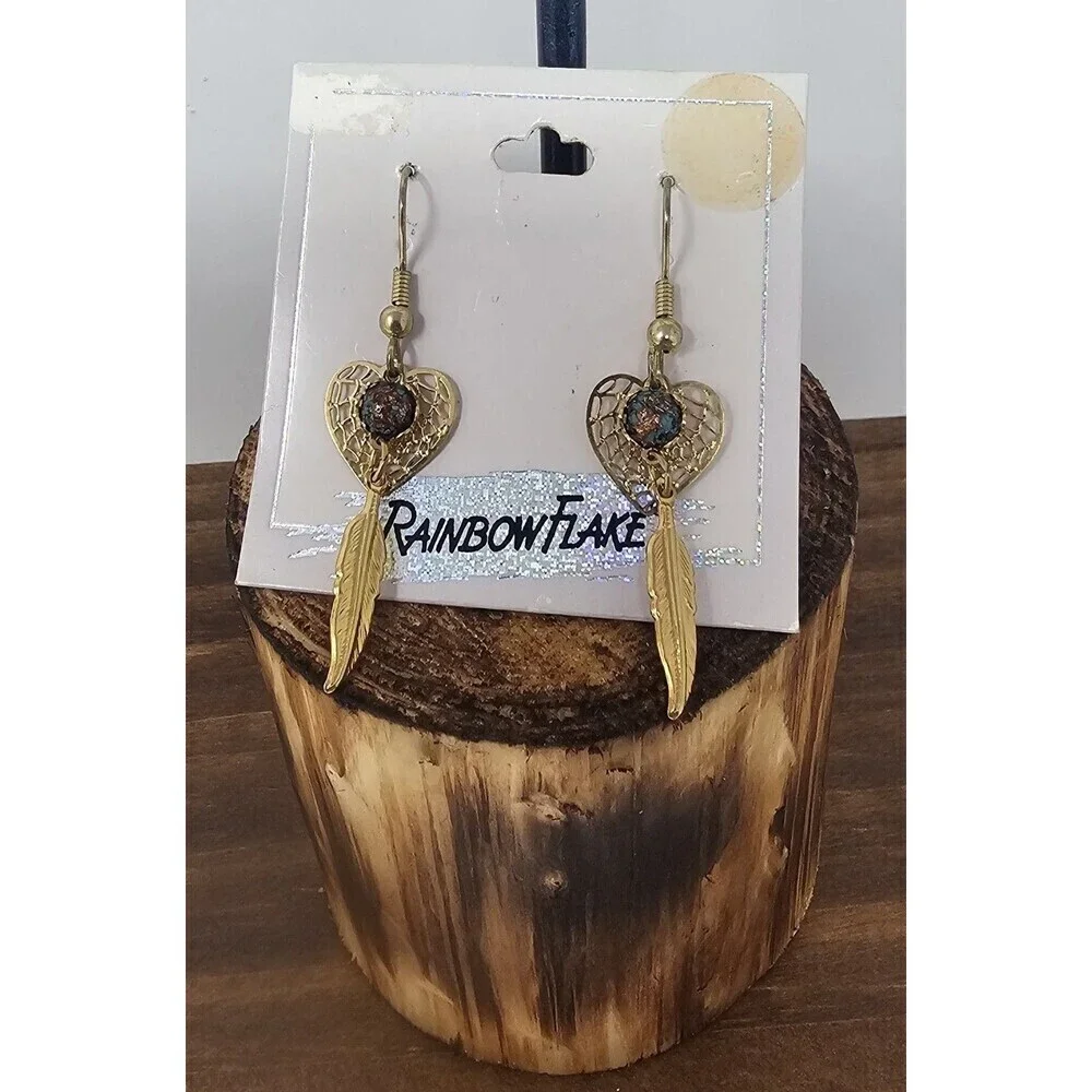 Vtg Dreamcatcher Heart 14k Gold Plated W Turquoise Rainbow Flake Dangle Earrings